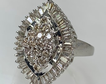 Vintage Diamond Ring, Marquise Shaped Diamond Ring, Diamond Cluster Ring, Baguette Diamond Ring, Vintage Diamond Jewelry, 14k Diamond Ring