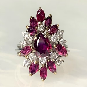 Vintage Pear Ruby & Diamond Cluster Ring, 14k White Gold, OOAK