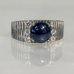 Vintage Cabochon Sapphire Diamond Ring: 14k White Gold
