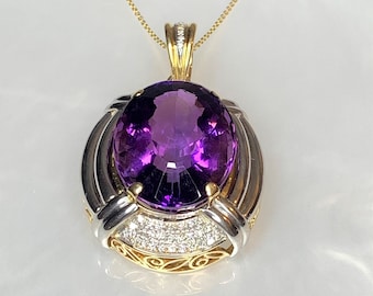 Vintage 18k Gold Amethyst Diamond Pendant Necklace, 61 Carat