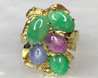 Jade Ring, Jade Rings For Women, Jade Ring Gold, Vintage Gemstone Ring, Star Sapphire Ring, Cabochon Ring, Bouquet Ring, Multi Stone Ring