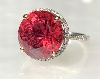 Rubellite Ring, Rubellite Engagement Ring, Gemstone Cocktail Ring, Gemstone Engagement Ring, Round Engagement Ring, Halo Engagement Ring