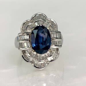 Vintage Ballerina Sapphire Ring: 18k White Gold Diamond Halo