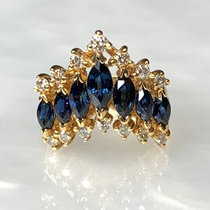 Sapphire Ring, Half Eternity Sapphire Ring, Marquise Sapphire Ring, Half Eternity Band, Vintage Sapphire Ring, Sapphire Diamond Ring,