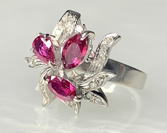 Ruby Ring, Ruby Ring Vintage, Ruby Ring For Women, 3 Stone Ruby Ring, Ruby Flower Ring, Pear Shaped Ruby Ring, Marquise Ruby Ring, OOAK Ring