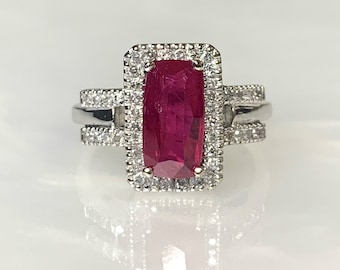 Emerald Cut Ruby Engagement Ring: 14k White Gold Diamond Halo