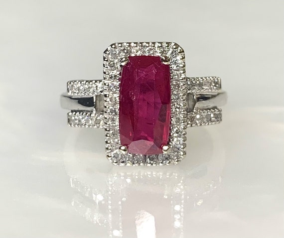 Emerald Cut Ruby Engagement Ring: 14k White Gold … - image 1