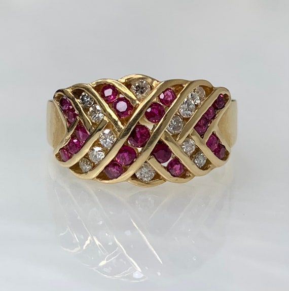 Vintage Ruby Diamond Ring: 14k Gold Chevron Band,… - image 1