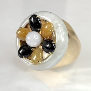Vintage Multicolor Jade Ring: 14k Yellow Gold Flower Statement Ring, US 6