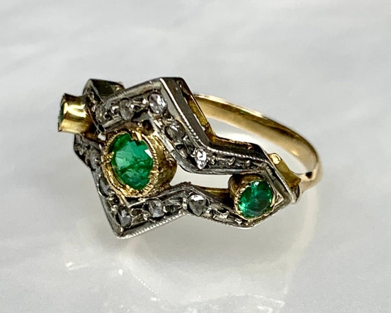 Three Stone Ring - Emerald Engagement Ring - Emer… - image 1