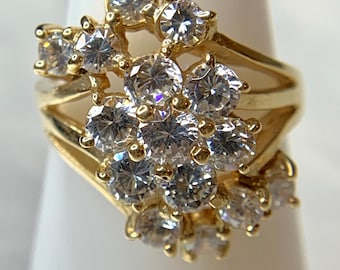 Vintage Floral Cubic Zirconia Ring: 14k Yellow Gold Statement Ring