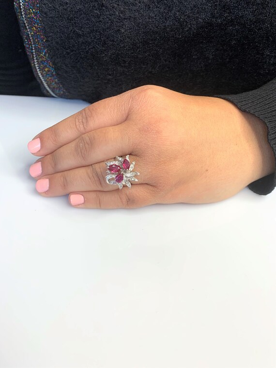 Vintage Ruby Flower Ring: Marquise & Pear Cut, Di… - image 7