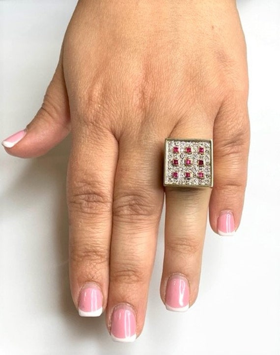 Handmade Vintage 18k Gold Ruby Ring: Diamond Pave… - image 7