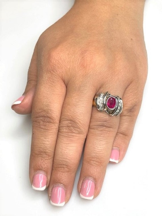 Vintage Oval Ruby Diamond Ring: 18k Gold Bezel Se… - image 7