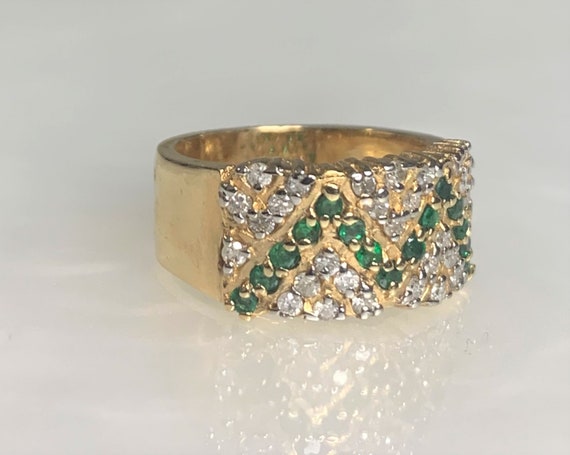 Vintage Emerald Diamond Ring: 14k Gold Zig Zag Le… - image 6
