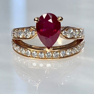 Ruby Ring For Women, Ruby Engagement Ring, Pear Shaped Ruby Ring, Rose Gold Ring, Double Diamond Band, 2 Carat Ruby, Ruby Right Hand Ring