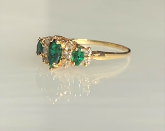 Vintage Marquise Emerald Ring: Three Stone Diamond 14k Yellow Gold