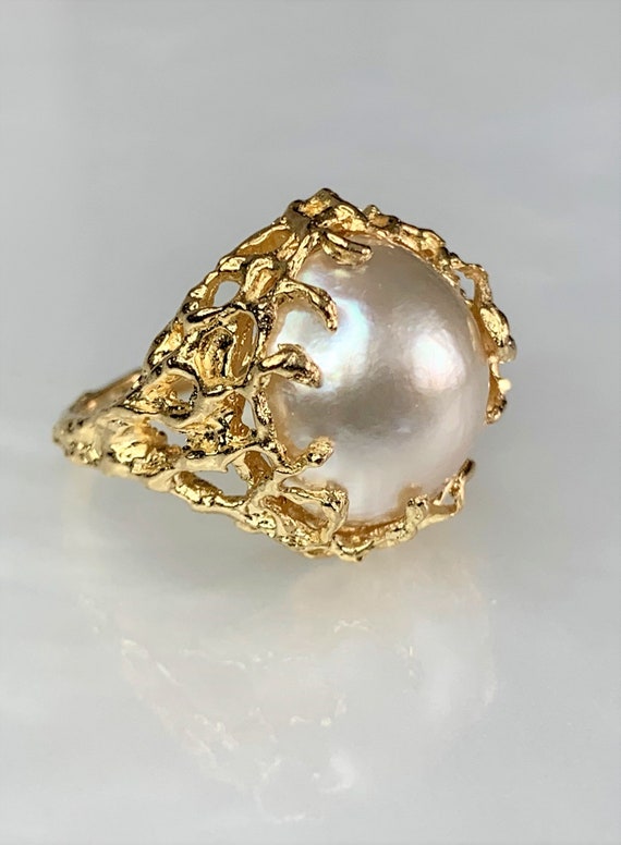 Mabe Pearl Ring, Pearl Gold Ring, Vintage Mabe Pe… - image 2