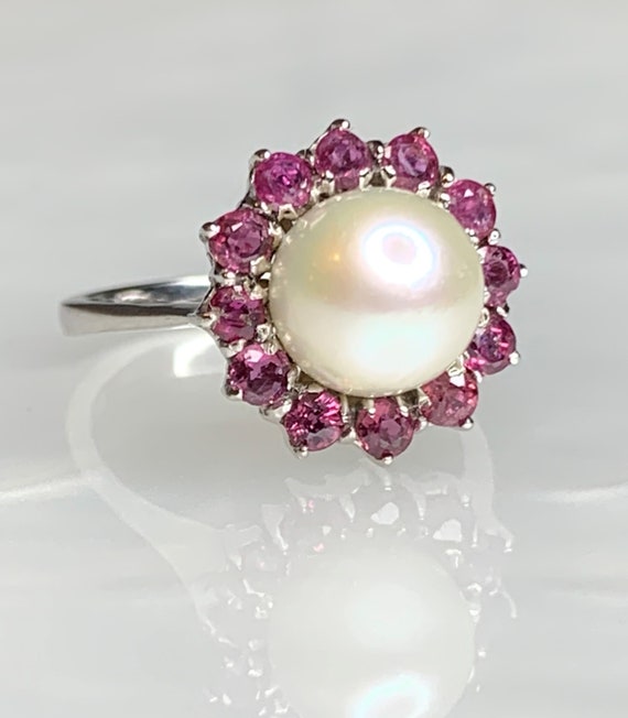 Pearl Engagement Ring, Ruby Pearl Ring, Vintage E… - image 2