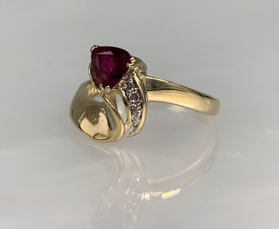 Vintage 14k Gold Trillion Ruby Ring with Diamond … - image 2