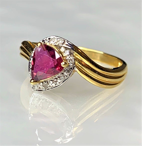 Vintage Trillion Ruby Ring: 14k Gold Diamond Halo… - image 2