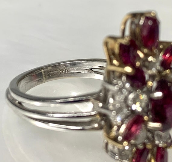 Vintage Pear Ruby & Diamond Cluster Ring, 14k Whi… - image 5