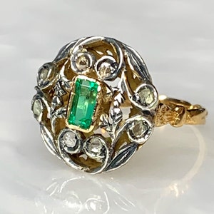 Emerald Diamond Ring, Emerald Cut Emerald, Rose cut Diamond Ring, Antique Emerald Ring, Vintage Emerald Ring, Victorian Emerald Ring, OOAK
