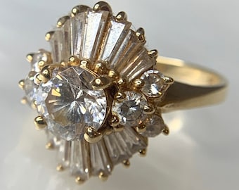 CZ Engagement Ring: 14k Gold, Round & Baguette Cut, Size 6 1/2