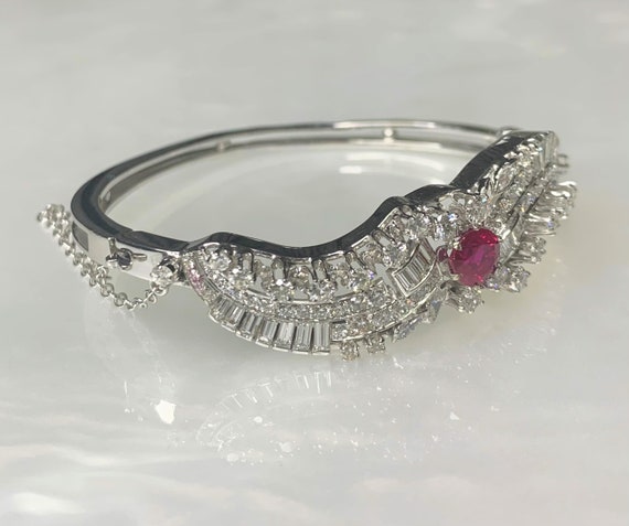 Vintage 14k White Gold Ruby Diamond Bangle Bracel… - image 3