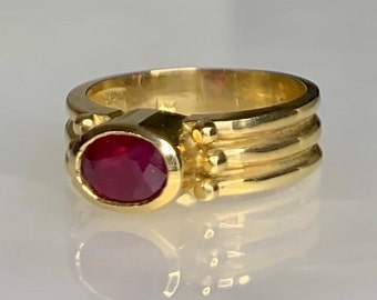 Vintage Oval Ruby Ring | 1.15ct Natural Ruby Bezel Setting | Solid 14k Gold East West Ring | Candy Red Ruby