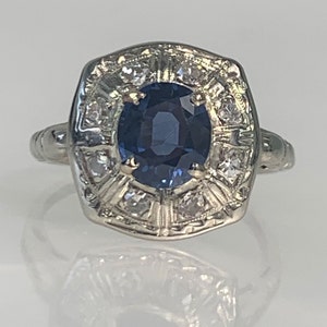 Vintage 1.80 Carat Sapphire Engagement Ring: 14k White Gold, Diamond Accent