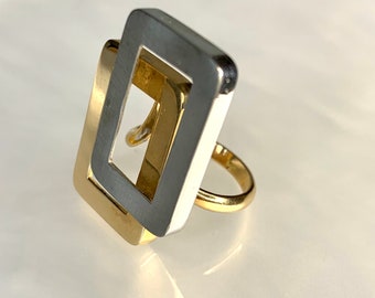 Gold Ring for Women, Gold Structural Ring, Geometric Gold Ring, Gold Abstract Ring, Retro Ring, Solid Gold Statement Ring, Rectangle Ring