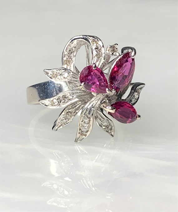 Vintage Ruby Flower Ring: Marquise & Pear Cut, Di… - image 2