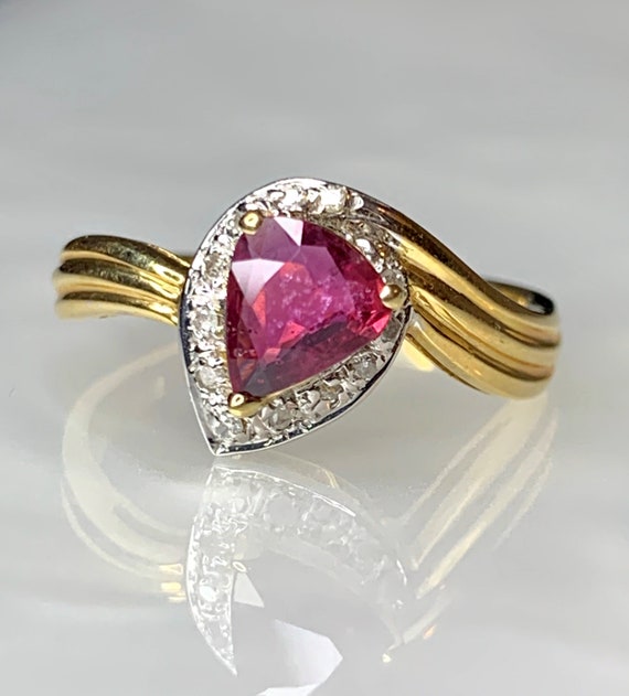 Vintage Trillion Ruby Ring: 14k Gold Diamond Halo… - image 1