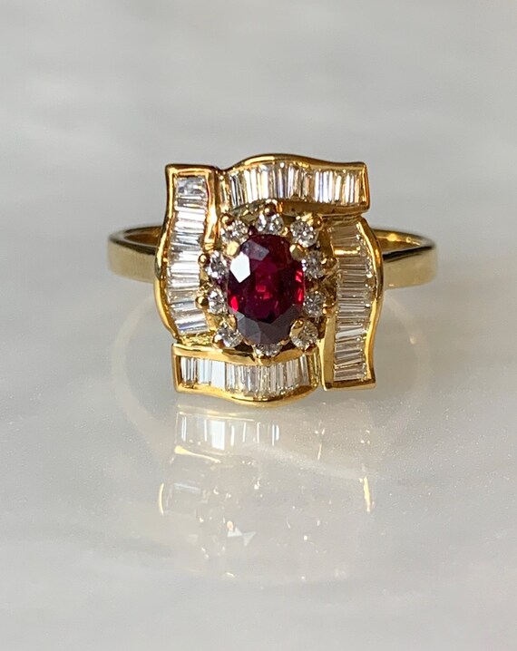 Vintage Oval Ruby Diamond Ring: 18k Yellow Gold, … - image 3