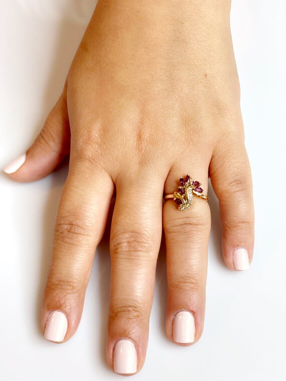 Vintage Marquise Ruby Ring: 14k Gold & Diamond Ac… - image 5