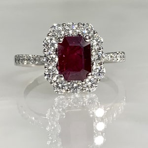 Ruby Engagement Ring, Ruby Ring, Ruby Ring for Women, Ruby Diamond Ring, Ruby Jewelry, Gemstone Ring, Emerald cut ring, Halo Ring