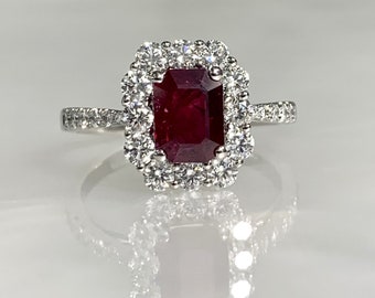 Emerald Cut Ruby Engagement Ring: 18k White Gold Halo Diamond Ring