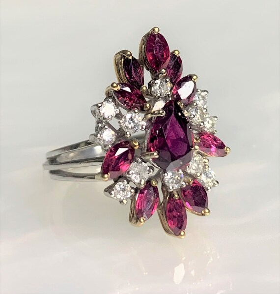 Vintage Pear Ruby & Diamond Cluster Ring, 14k Whi… - image 3