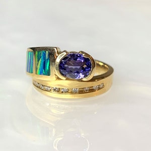 Oval Tanzanite Ring, Tanzanite Jewelry, Tanzanite Engagement Ring, Inlay Opal Ring, East West Ring, East West Oval Ring, Vintage Tanzanite