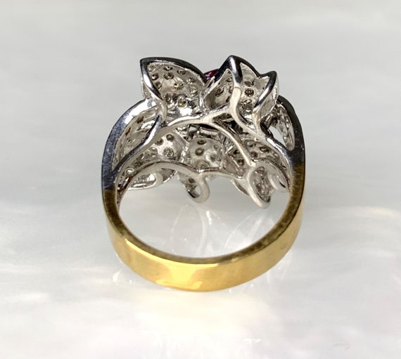 Vintage Pear Ruby Flower Ring: Diamond 18k White … - image 4