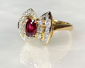 Vintage 18k Yellow Gold Ruby Diamond Ring: Bow Engagement Ring
