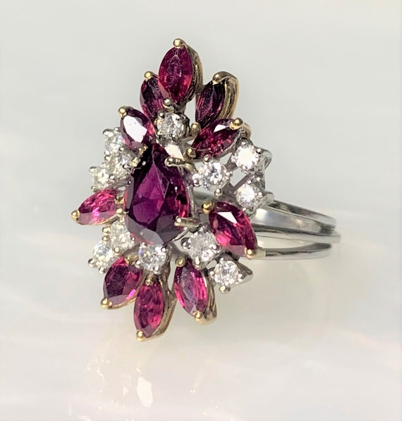 Vintage Pear Ruby & Diamond Cluster Ring, 14k Whi… - image 2