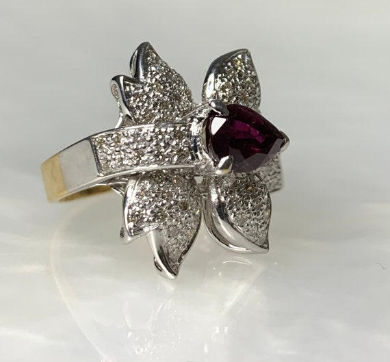 Vintage Pear Ruby Flower Ring: Diamond 18k White … - image 2