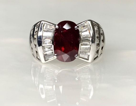 Vintage Oval Ruby Ring, Baguette Diamond Bow, 14k… - image 1
