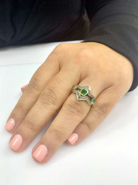 Three Stone Ring - Emerald Engagement Ring - Emer… - image 5