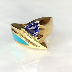 Trillion Tanzanite Ring, Trillion Cut Ring, Tanzanite Diamond Ring, Vintage Tanzanite Ring, Bypass Ring, Gemstone Ring ,Turquoise Gold Ring