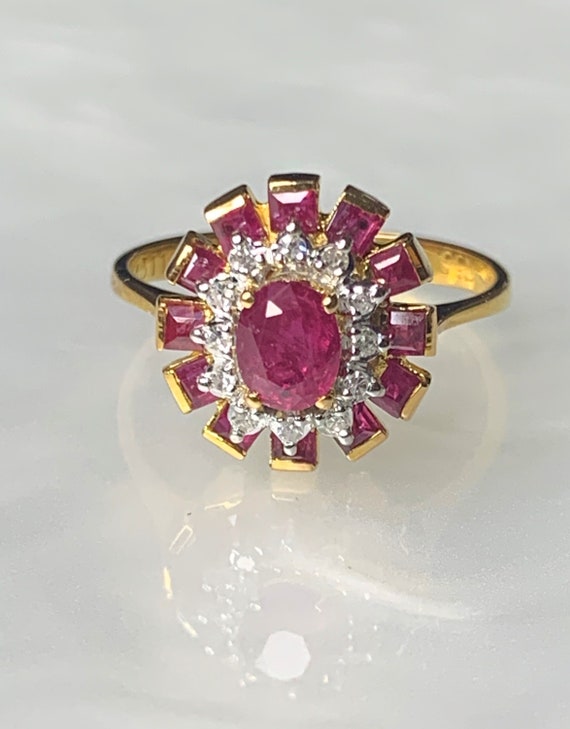 Vintage 18k Gold Ruby Diamond Ring: Art Deco Enga… - image 3