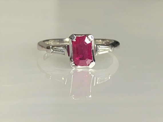 Emerald Cut Ruby & Diamond Ring: 14k White Gold T… - image 3