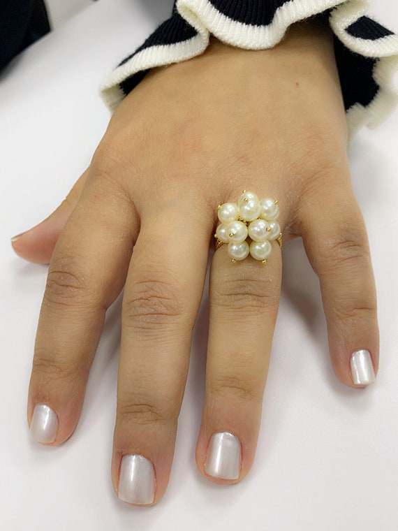 Pearl Gold Ring, Pearl Cocktail Ring, Pearl Clust… - image 5